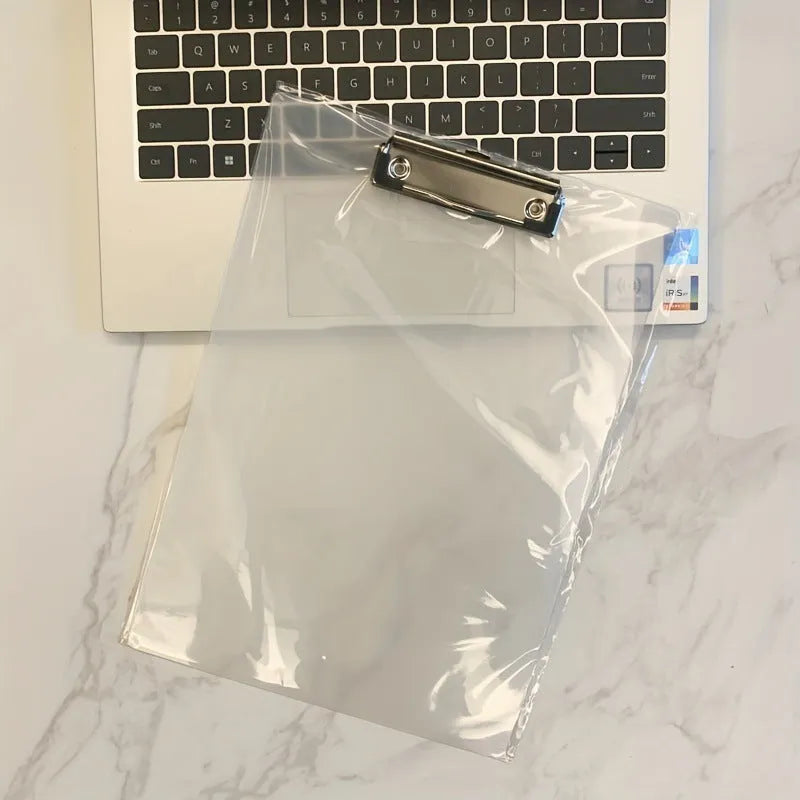Transparent A4 plate writing board pad with a silver metal flat clip, shown in a blue colour option.