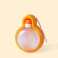 Green portable dog travel cup with pull-out drinking bowl and handle, shown with orange and yellow colour options.