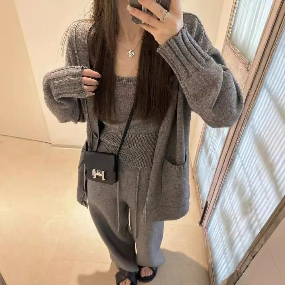 Women's knit cardigan and pants three-piece set in wool blend fabric shown in beige colour