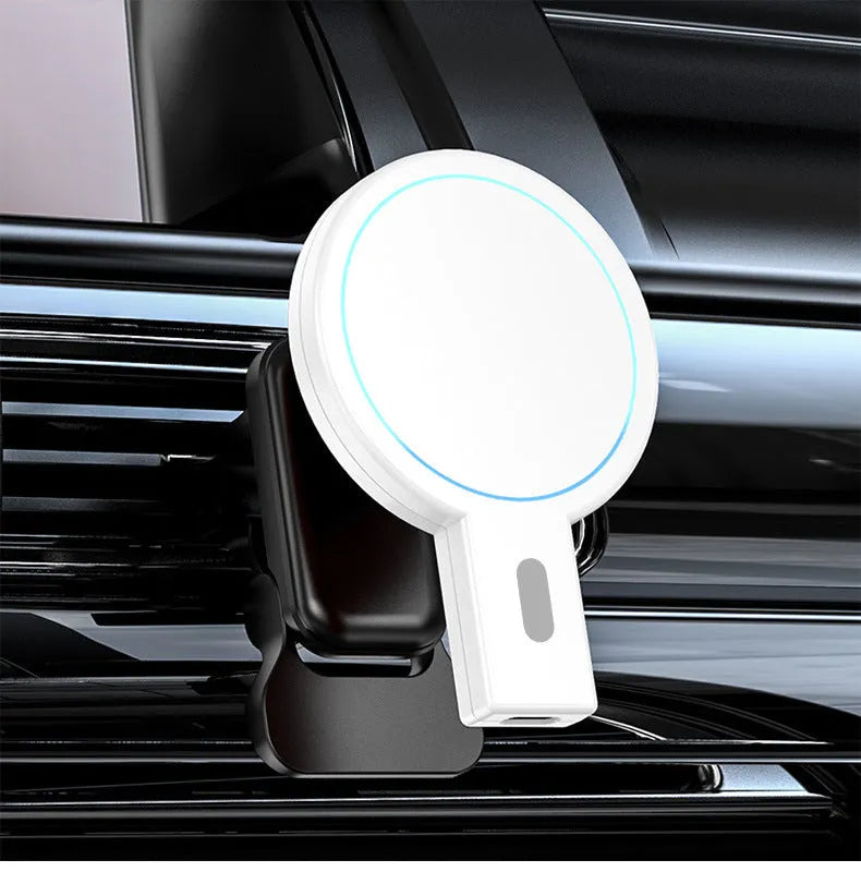 Black magnetic wireless charger showing foldable aluminium design with USB cable