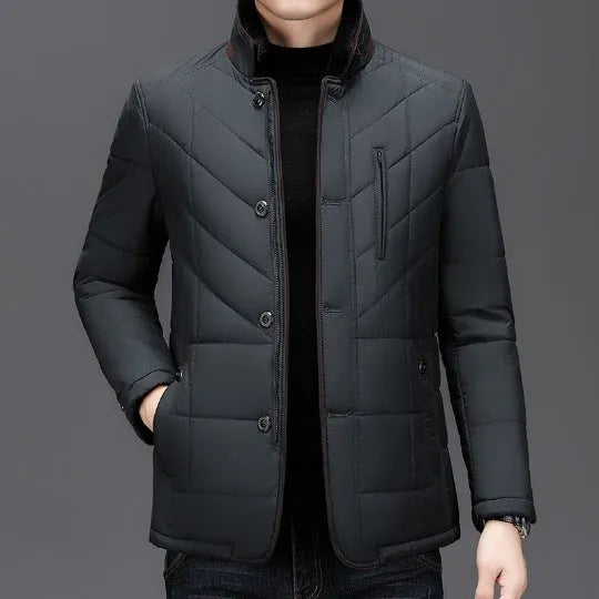 Men's dark blue winter short coat with side pockets and cotton padding.