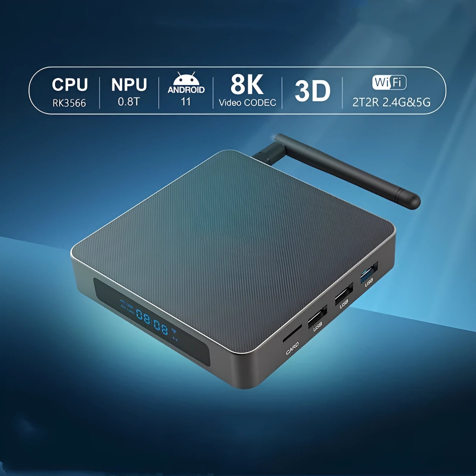 Black Android set-top box with HDMI port, measuring 105x105x20mm, beside its remote control and power adapter.