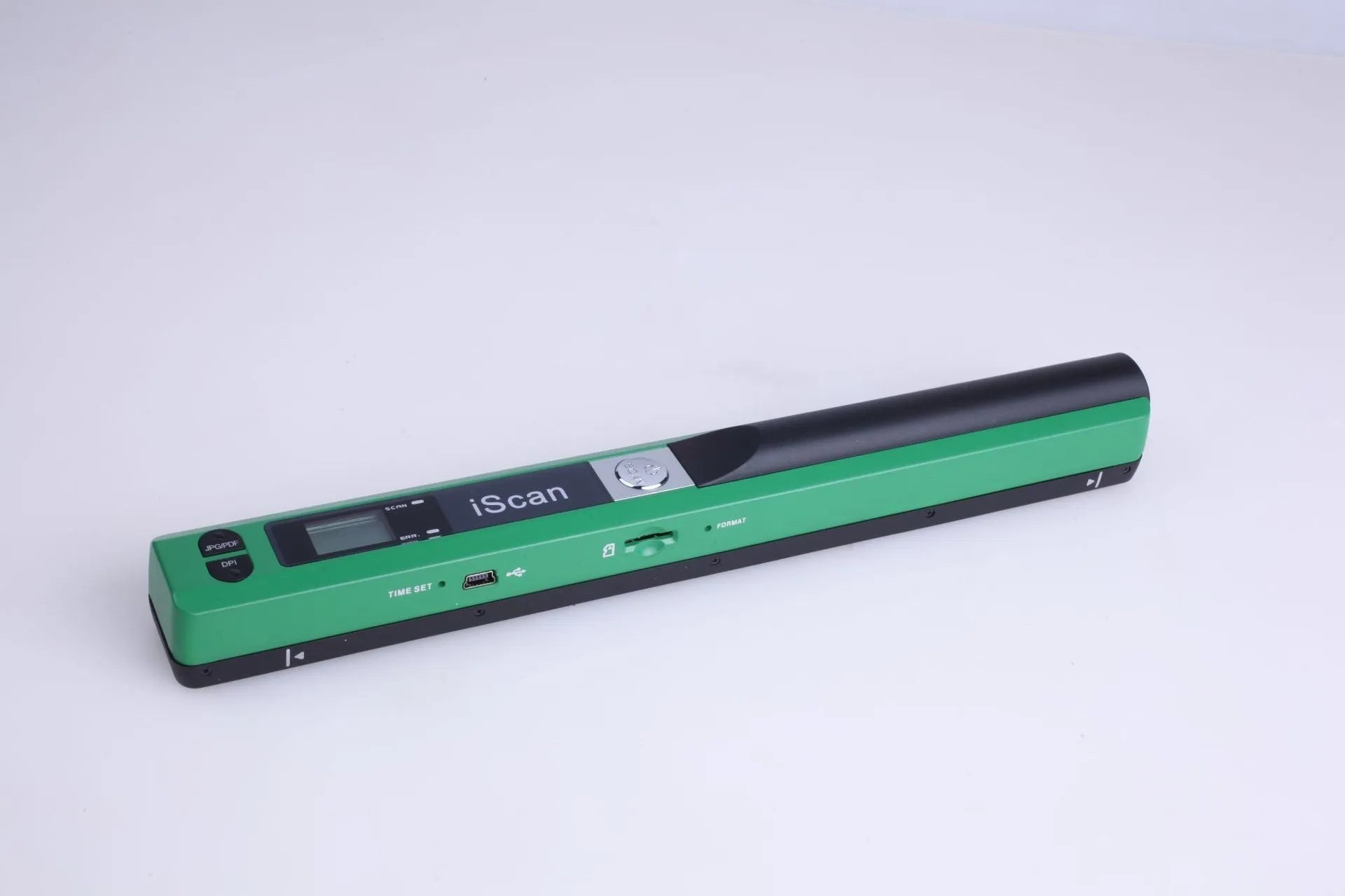 Handheld plastic scanner shown in black, blue, green, red, and silver colour options.