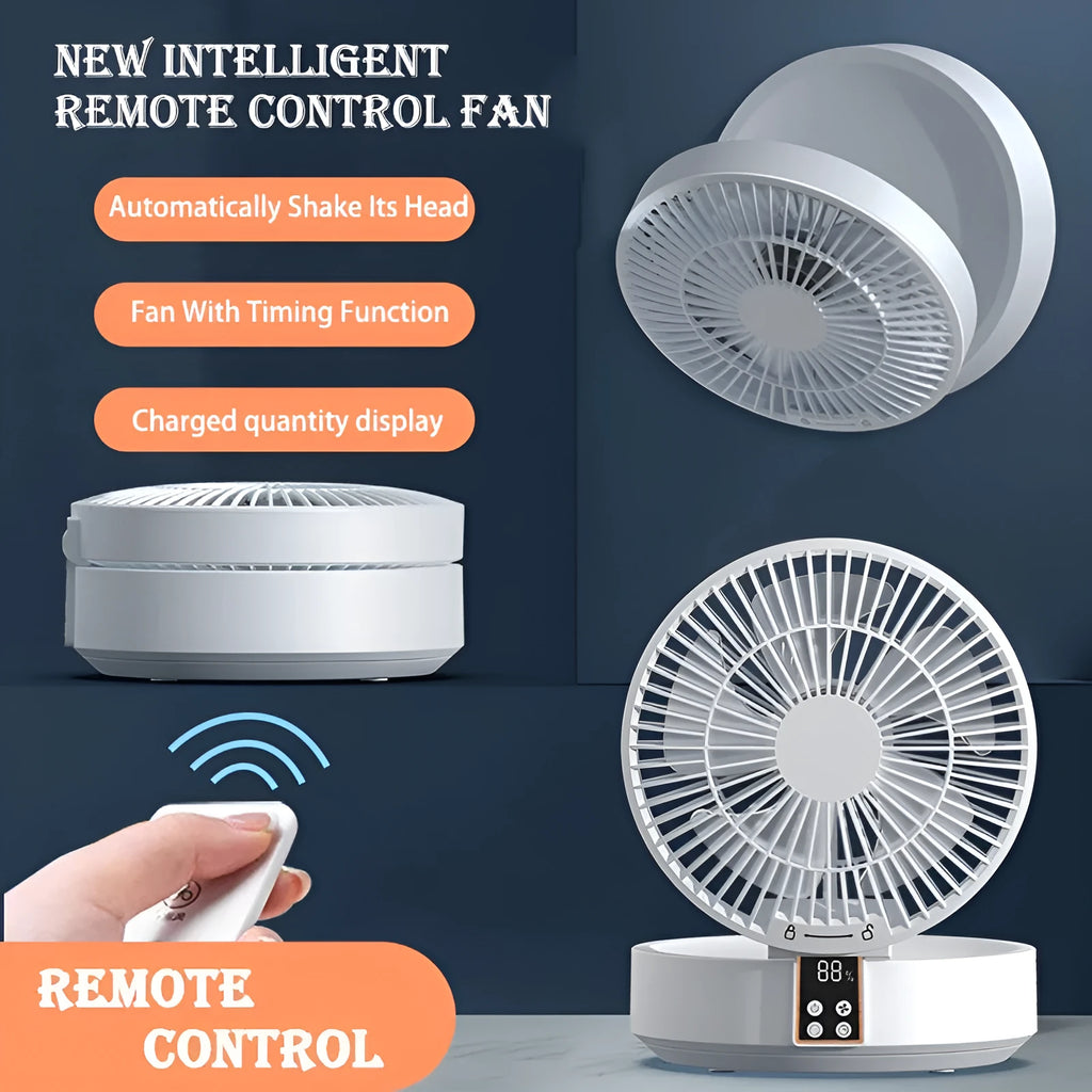 White portable folding fan with remote control shown in desktop and wall-mounted positions