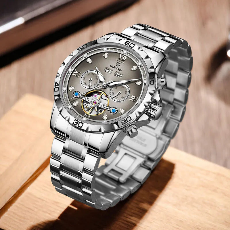 Men's automatic mechanical watch with stainless steel strap and mineral glass in business style
