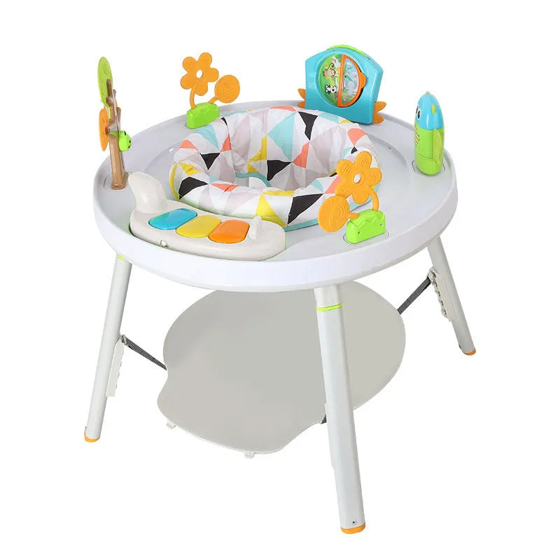 Plastic baby jumping chair with overhead gymnastics rack and toy attachments in Yaya duck design