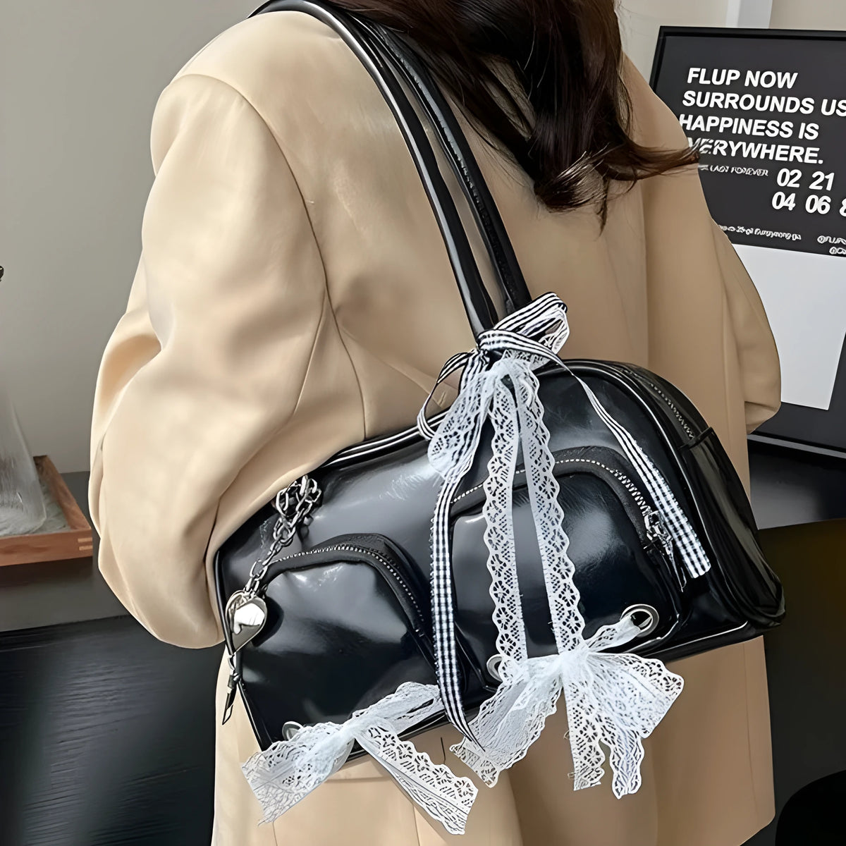 Large capacity soft PU leather shoulder bag in beige with crossbody straps and interior phone pocket