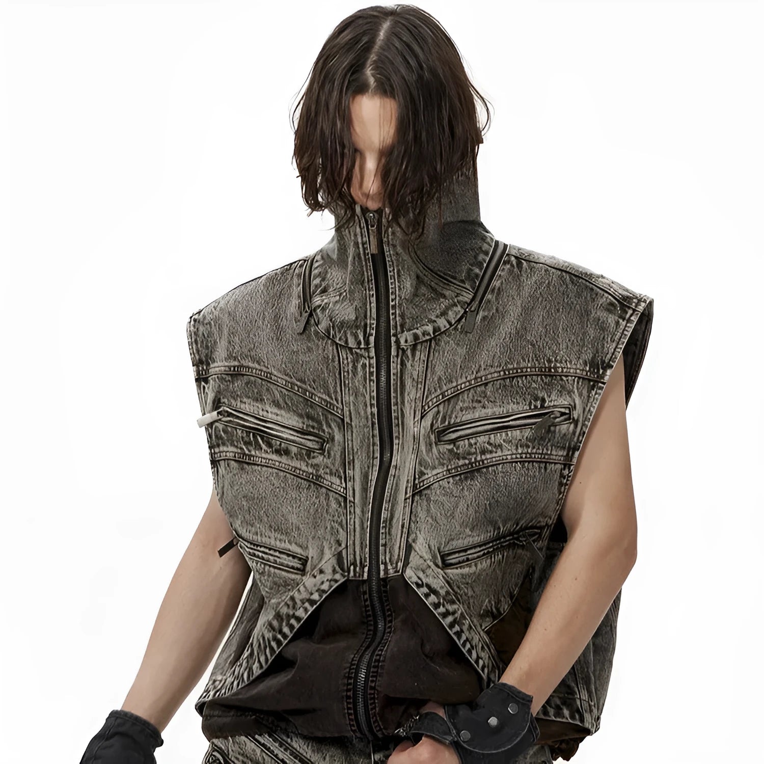 Men's light blue splicing denim sleeveless vest with a front zip closure.