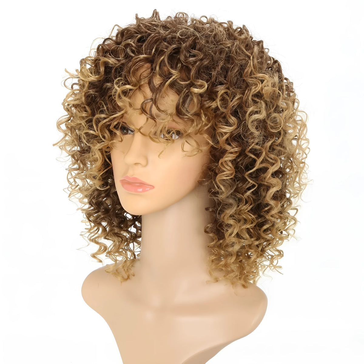 Front lace wig with short African roll light gold curly hairstyle showing high temperature silk material texture