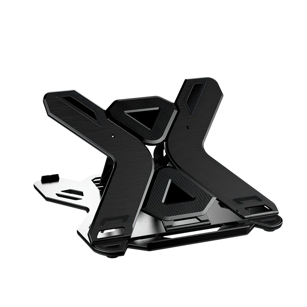 Black ABS plastic laptop stand with a cable management groove, elevating a laptop.
