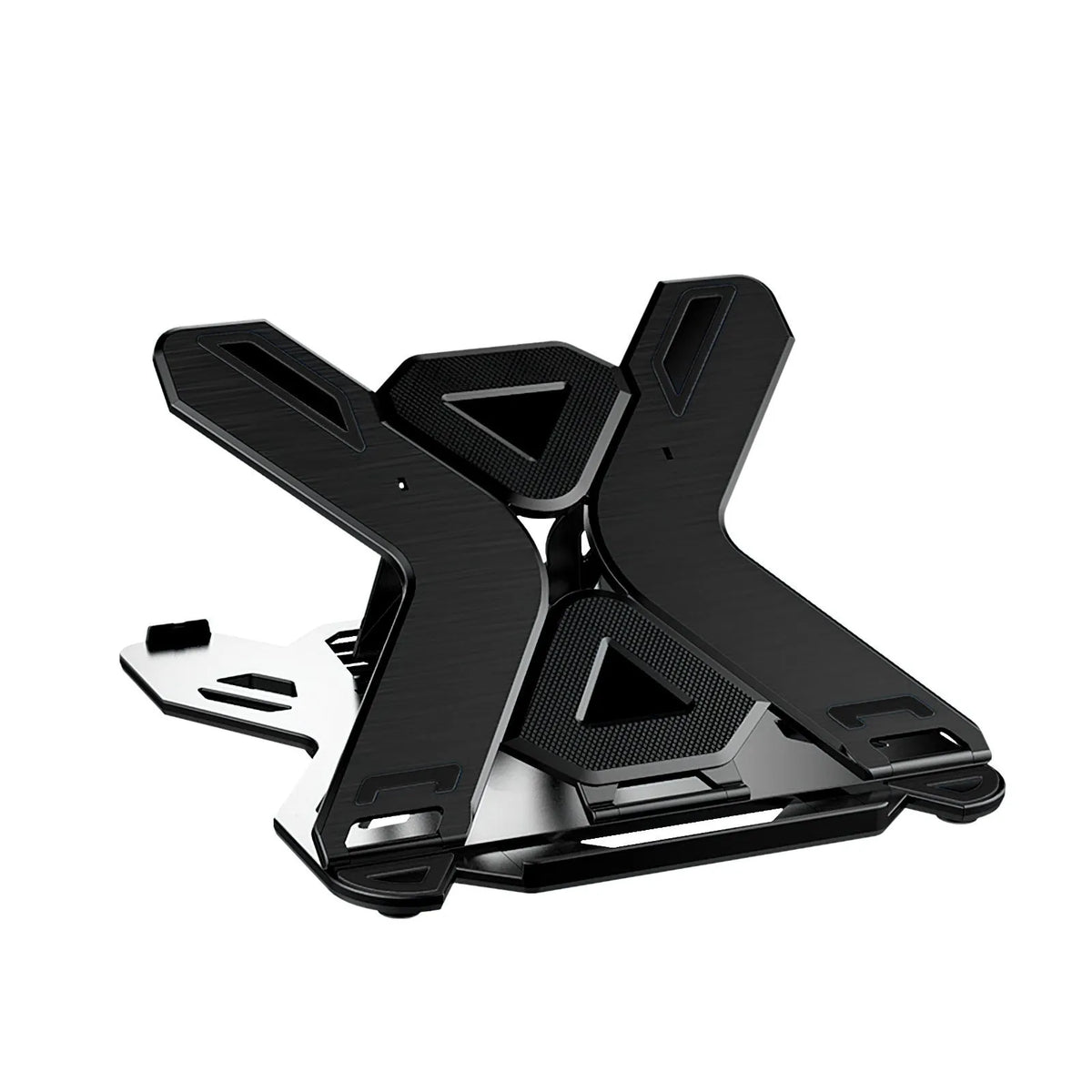 Black ABS plastic laptop stand with a cable management groove, elevating a laptop.