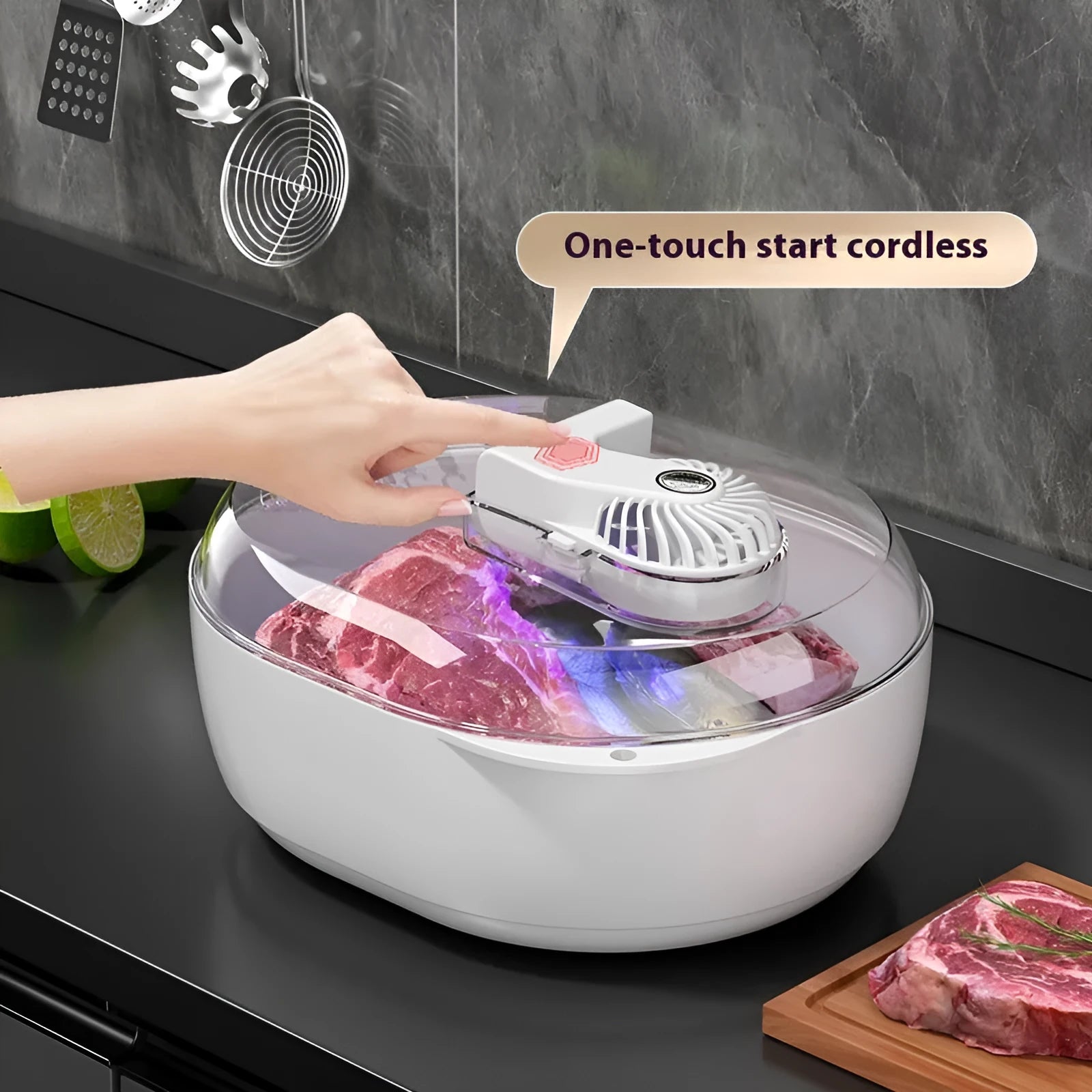Aluminium household quick defrosting plate on a kitchen countertop with a USB cable.