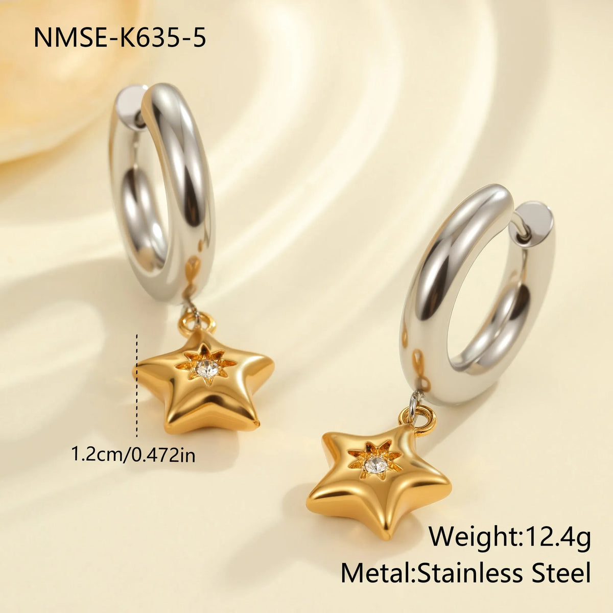 Christmas tree heart earrings in stainless steel with 18K gold plating showing heart and star shapes