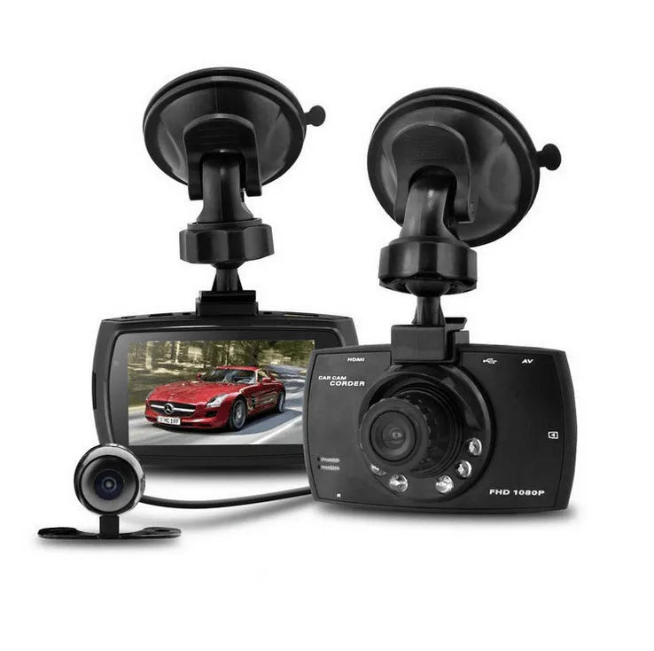 G30 HD car DVR dual camera recorder system with bracket, charger, and manual