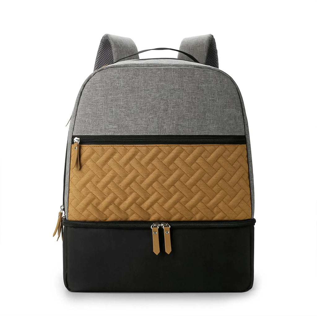 Grey insulated Oxford cloth mother and child travel backpack with curved shoulder straps