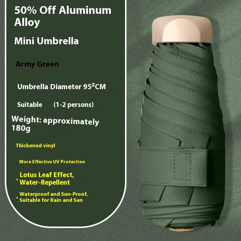 Closed five-fold manual umbrella with a gradient vinyl sunshade, showing the six-alloy-bone frame and one of eight colour options.