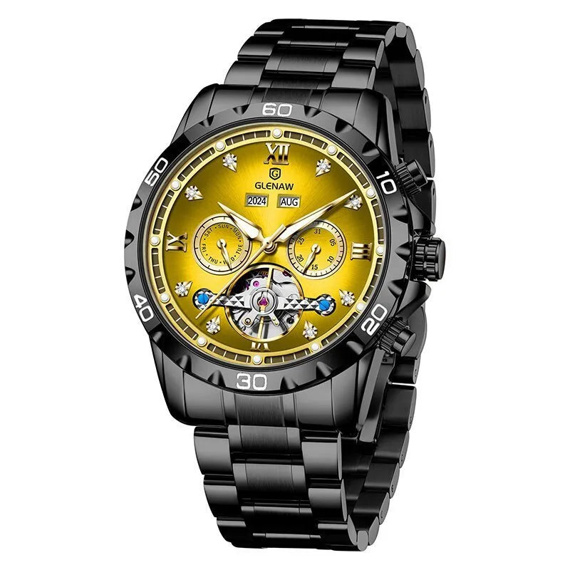 Men's automatic mechanical watch with stainless steel strap and mineral glass in business style