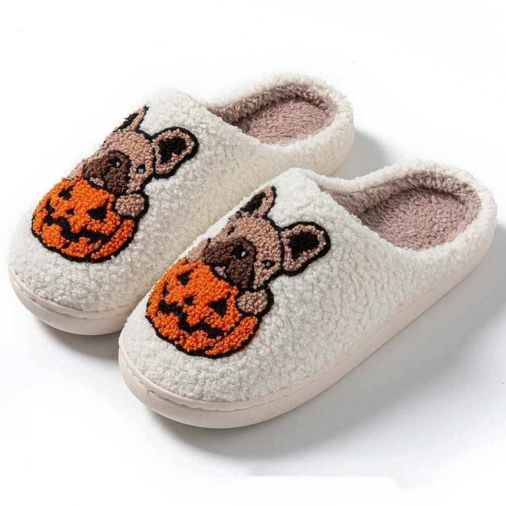 Halloween pumpkin design plush slippers with black velvet upper and TPR rubber sole.
