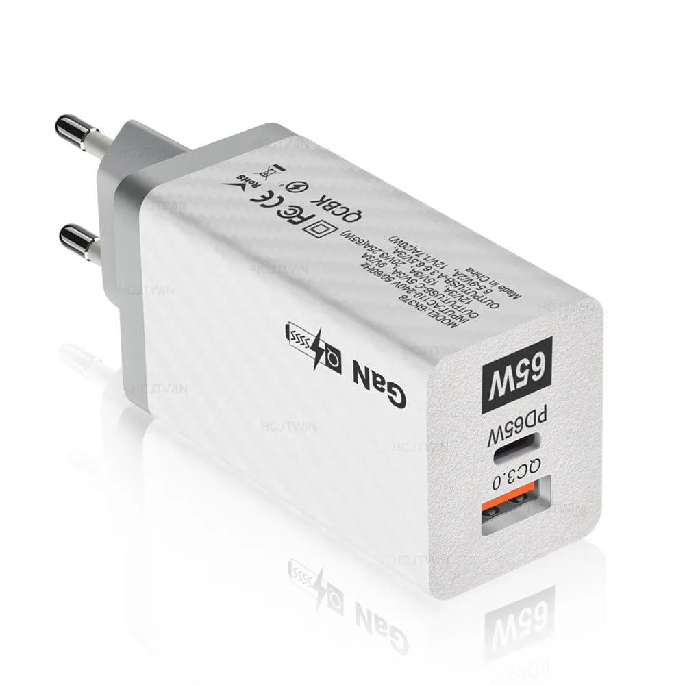 White Gallium Nitride GaN 65W USB-C fast charger plug with compact dimensions.