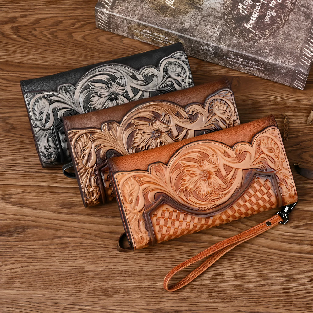 Women's brown embossed floral pattern tri-fold cowhide leather wallet showing interior compartments