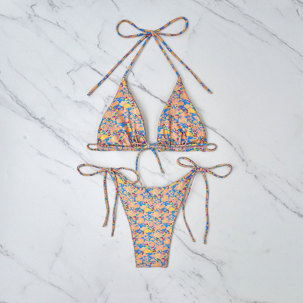 Women's lace-up bikini swimsuit with backless design and adjustable ties in European styling