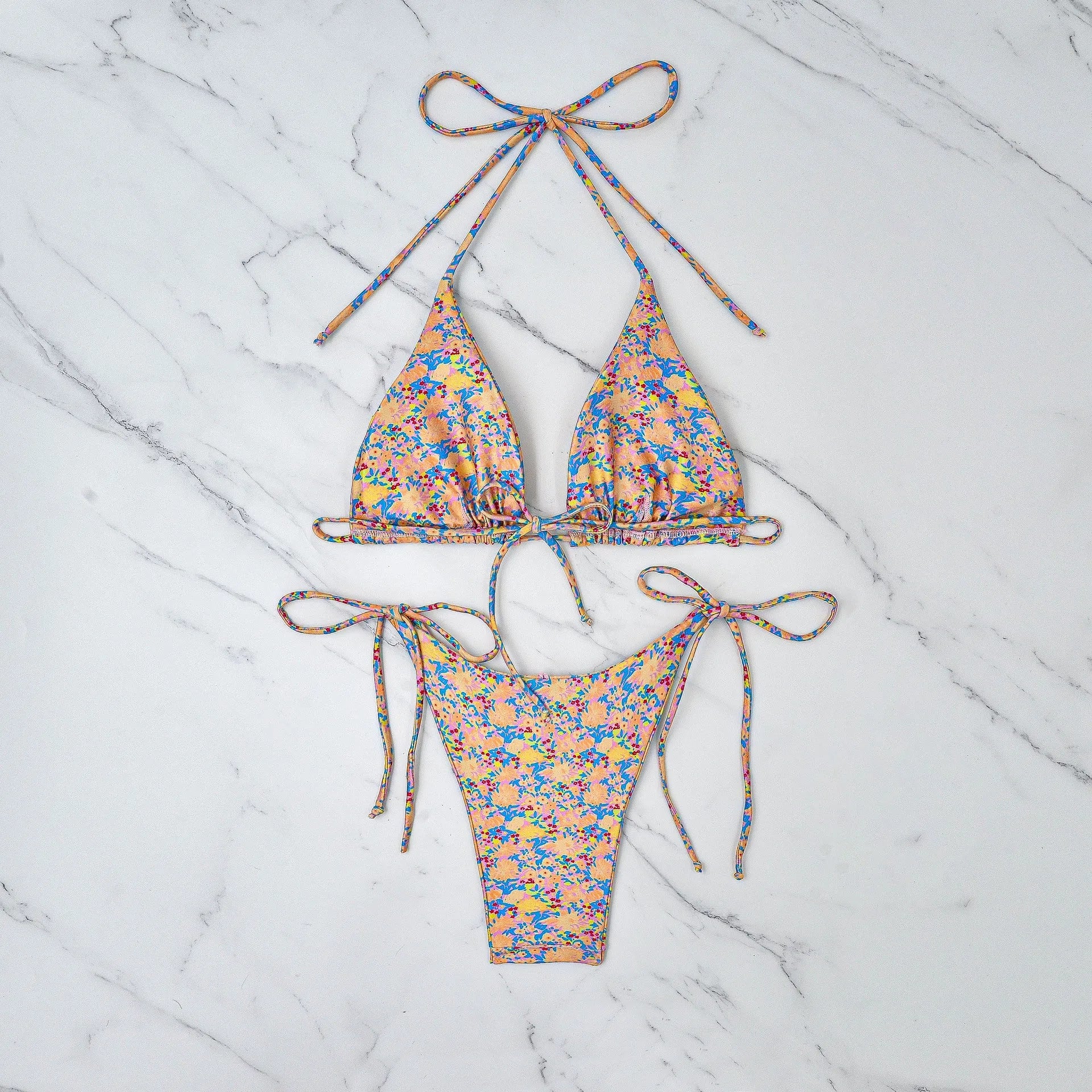 Women's lace-up bikini swimsuit with backless design and adjustable ties in European styling