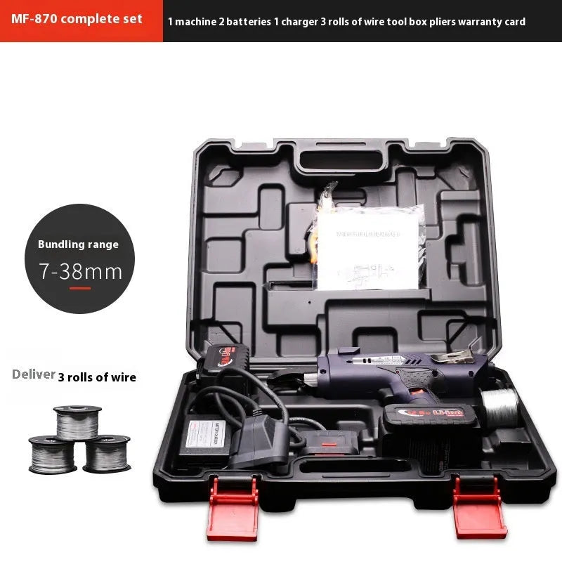 Fully automatic electric steel bar tying machine with battery, charger, and toolbox on a construction site.
