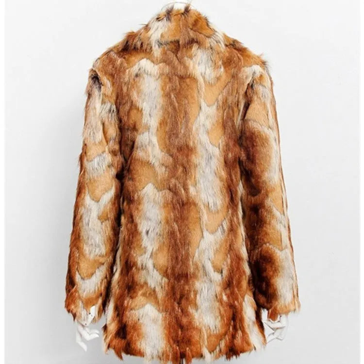 Women's medium length faux fur jacket with tiger print pattern and regular long sleeves in street fashion style