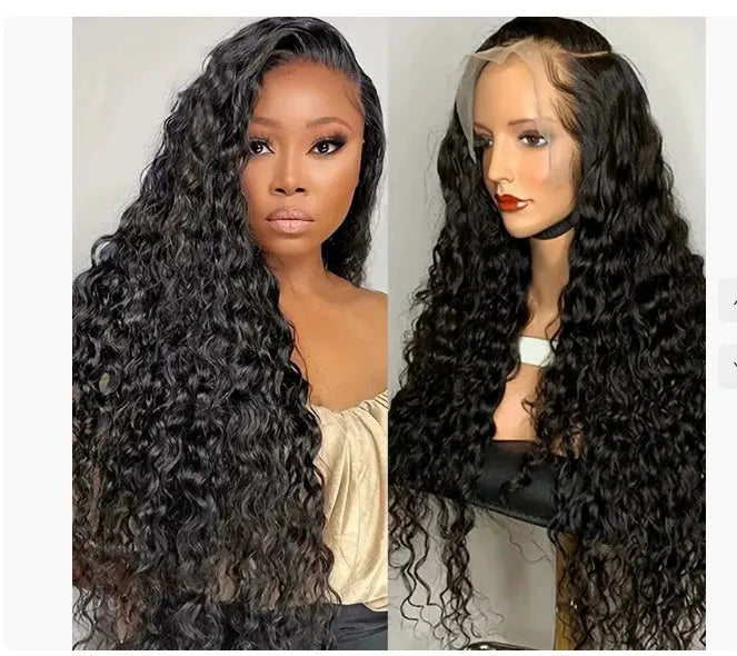 A curly real human hair lace front wig on a stand, showing natural hairline and length options.