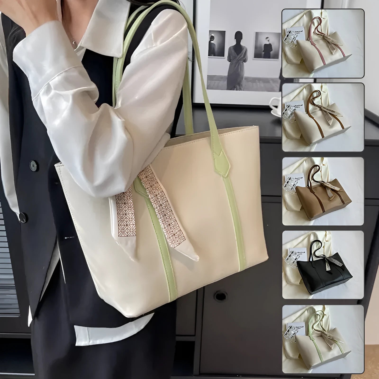 Large soft tote bag in bucket style with crossbody strap and sewing line detailing