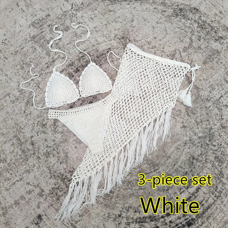 Women's 3-piece handmade crochet bikini set with skirt cover-up in solid colour acrylic fibre