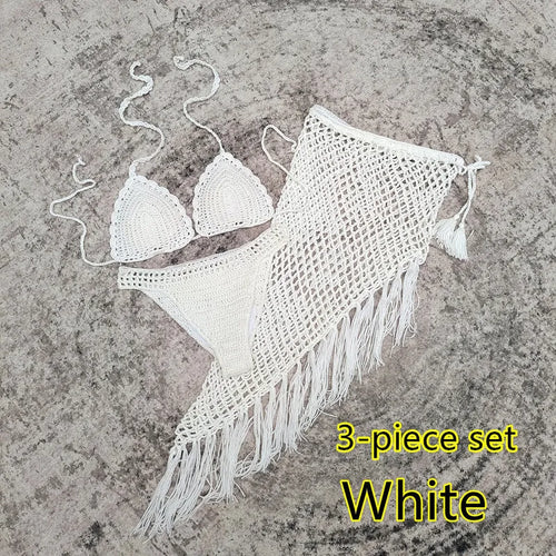 Women's 3-piece handmade crochet bikini set with skirt cover-up in solid colour acrylic fibre
