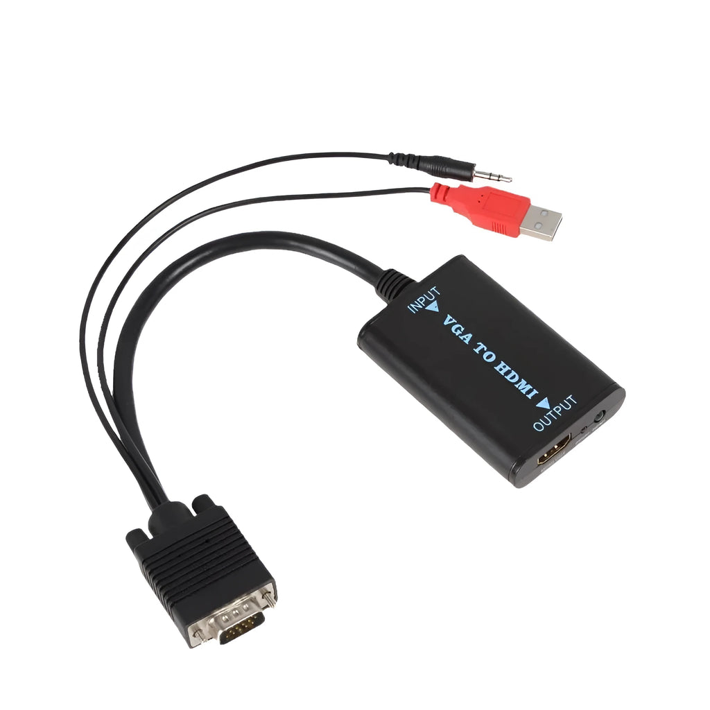 Black VGA to HDMI converter with USB cable for audio and power connection