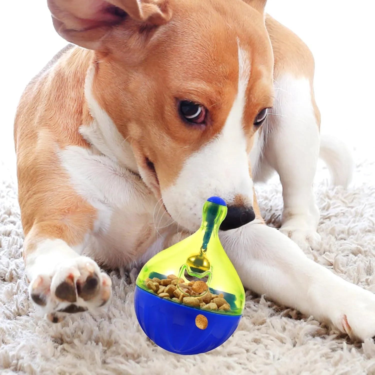 Interactive pet treat dispenser tumbler toy for dogs and cats showing dimensions
