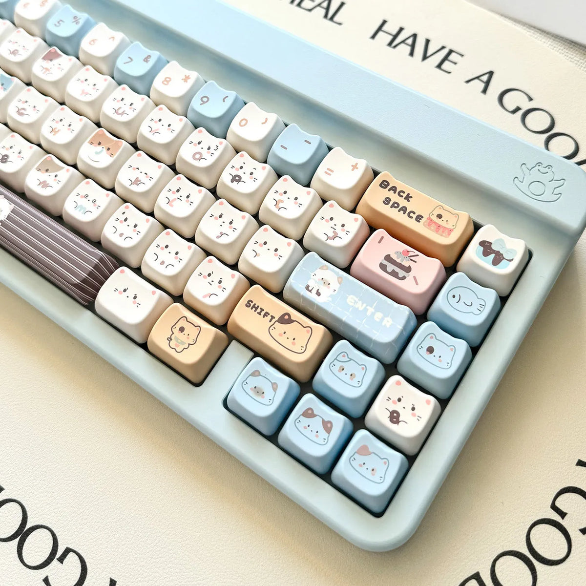 Sea Salt Cat themed PBT key cap set with March past and 7u space bar supplement options for mechanical keyboards
