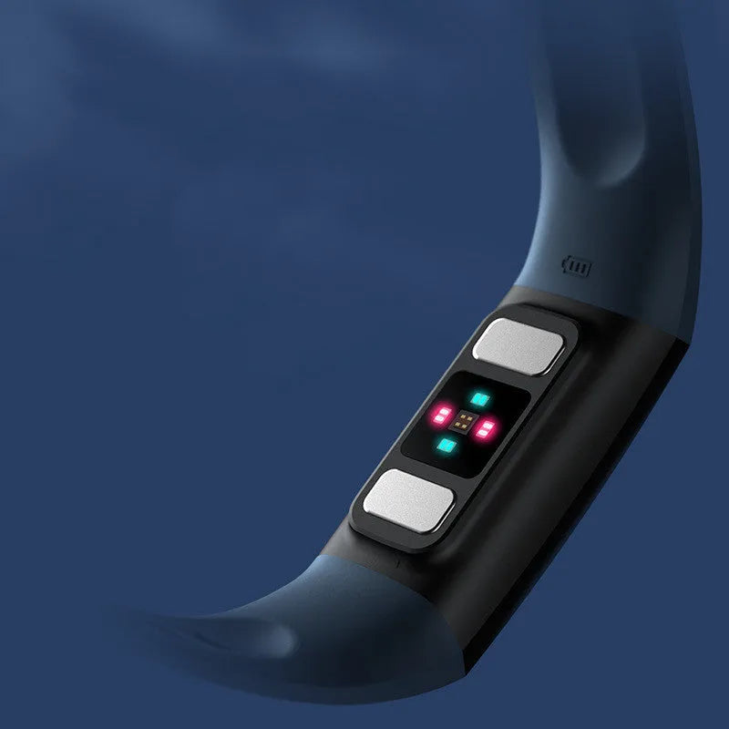 Black smart watch with ECG, blood pressure, and blood oxygen monitoring on a wrist.