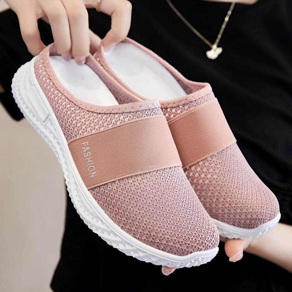 Women's breathable mesh casual shoes with flat heel and round toe in black, grey, pink, or purple