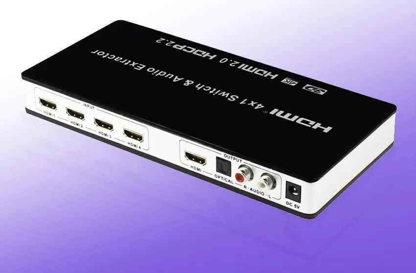 Black HDMI switch box with four inputs one output for HD video switching with remote control