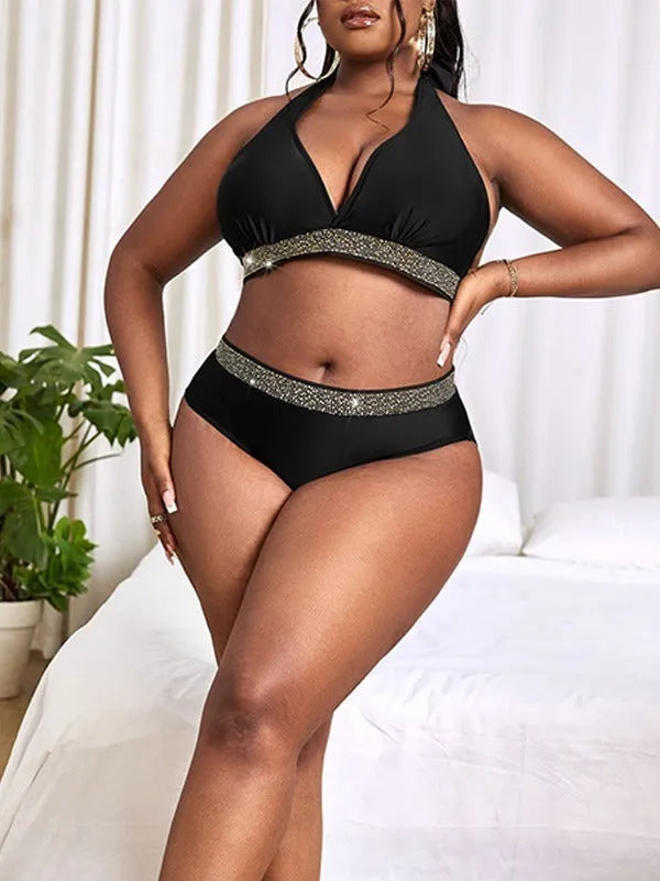Black women's plus size bikini set with bra and shorts for swimming and hot spring use