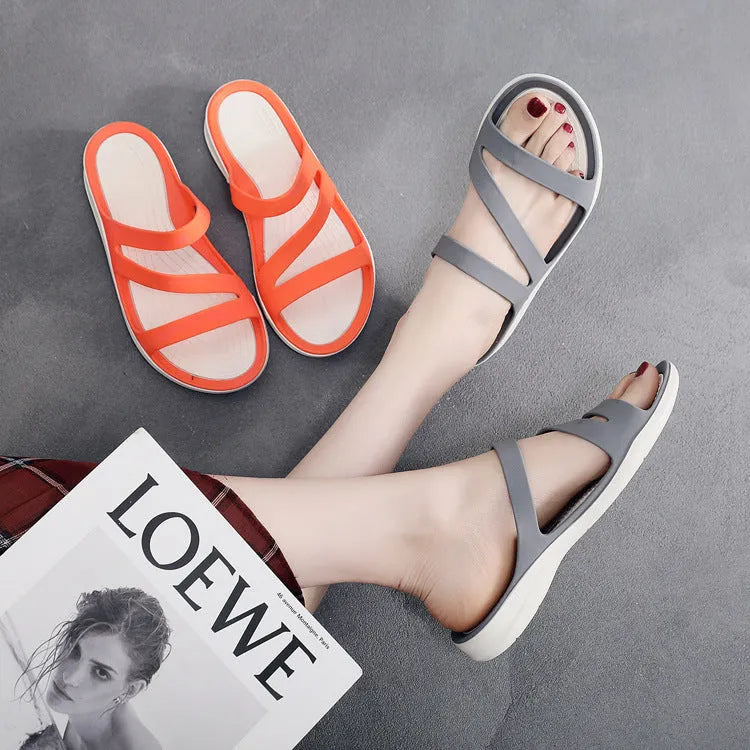 Women's casual beach sandals in PP material showing colour options: red, purple, blue, black, grey, and pink