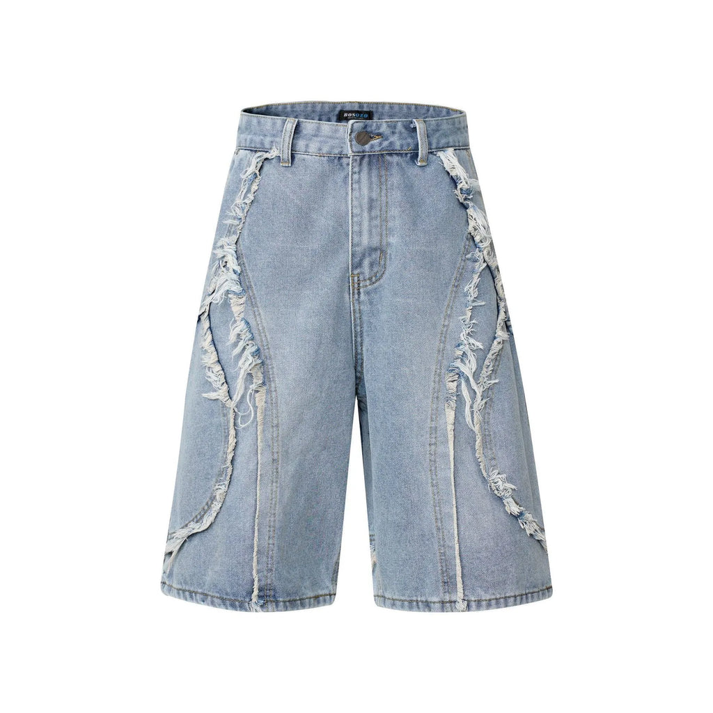 A pair of men's light blue denim shorts with a distressed finish and raw edge hem, shown in a straight-leg, hip hop style.