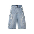 A pair of men's light blue denim shorts with a distressed finish and raw edge hem, shown in a straight-leg, hip hop style.