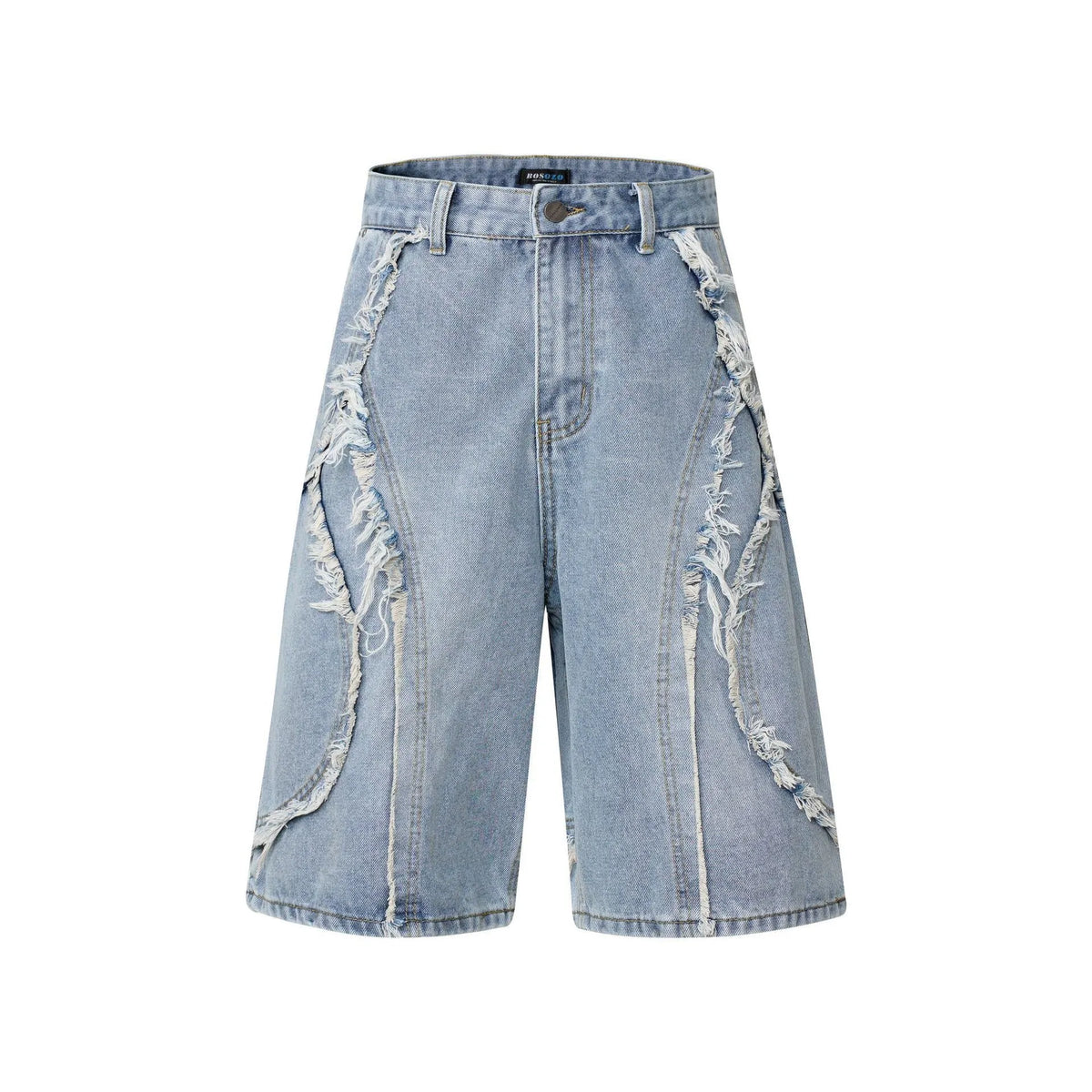 A pair of men's light blue denim shorts with a distressed finish and raw edge hem, shown in a straight-leg, hip hop style.