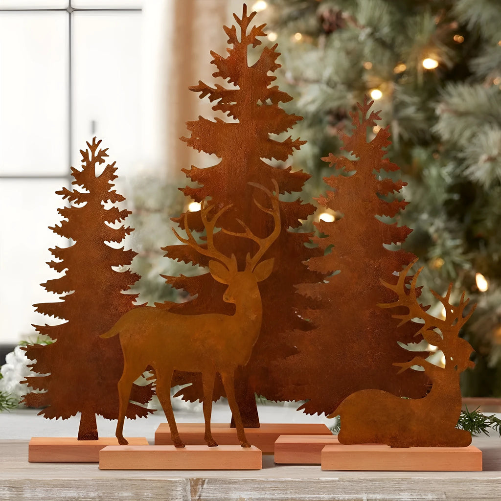 Set of three metal rusty Christmas tree elk decorations with American style iron finish