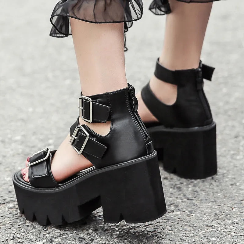 Black punk Harajuku style women's sandals with a chunky platform heel, round toe, buckle, and back zipper.