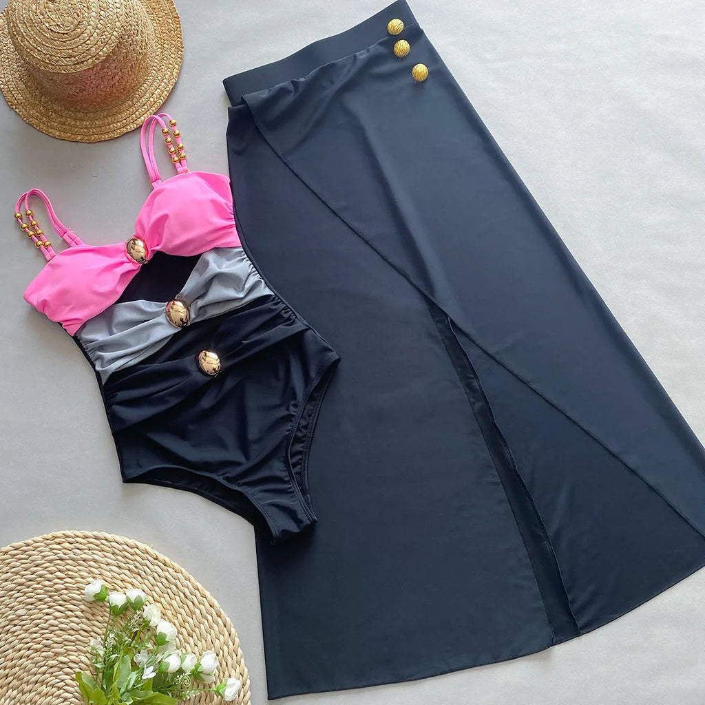 Women's brown one-piece swimsuit with matching skirt made from nylon with lycra lining