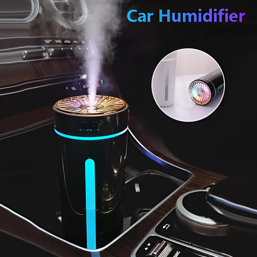 Black wireless air humidifier with colourful LED lights on a car cup holder