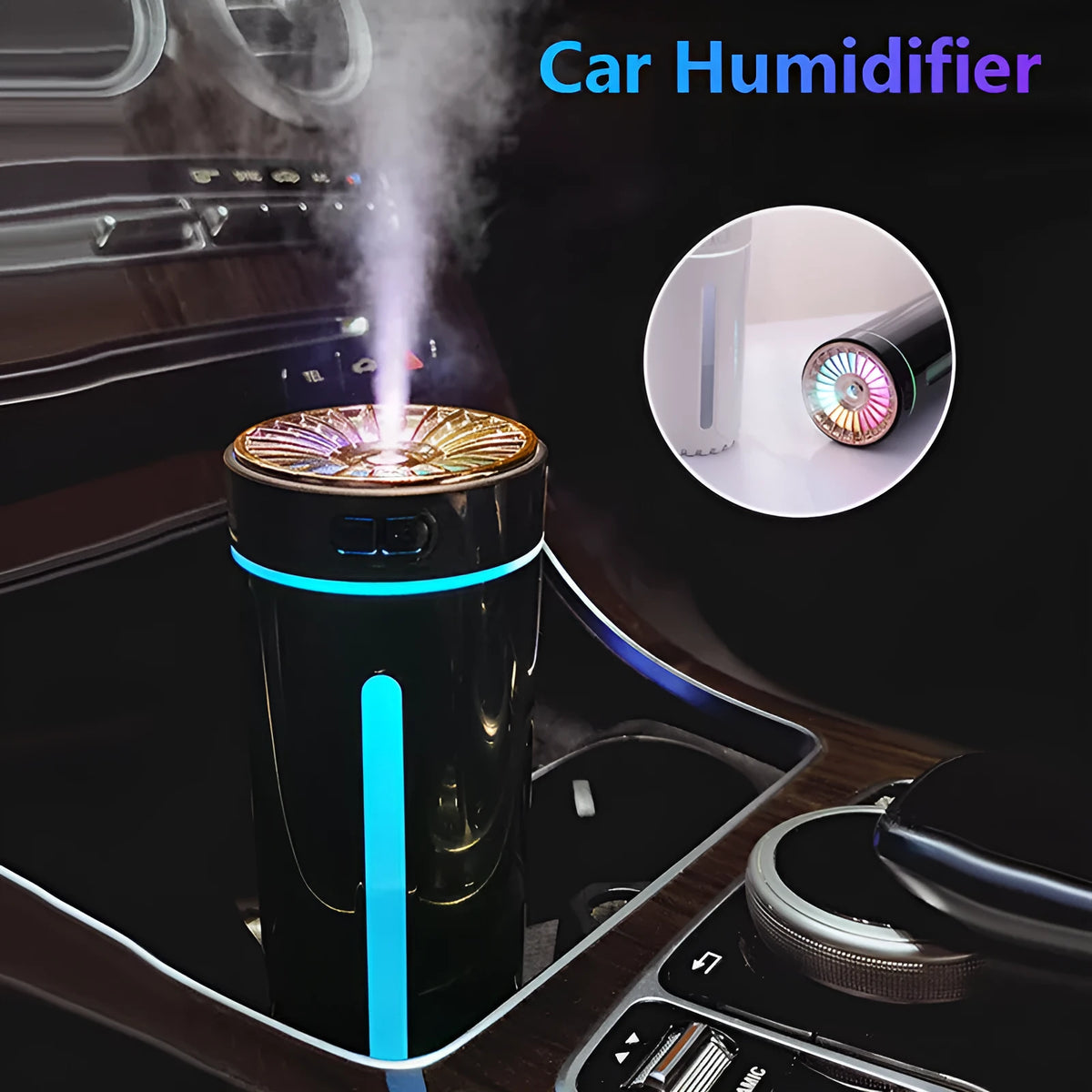 Black wireless air humidifier with colourful LED lights on a car cup holder