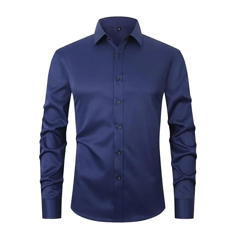 Man wearing a stretch long sleeve polyester work shirt in a solid colour.