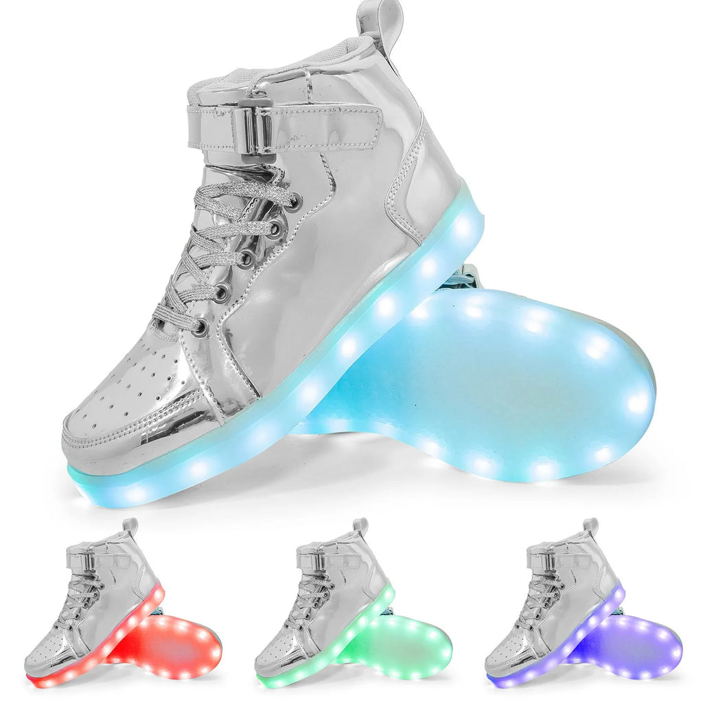 Pair of LED high-top board shoes with lights on, showing Velcro fastening and rubber sole.